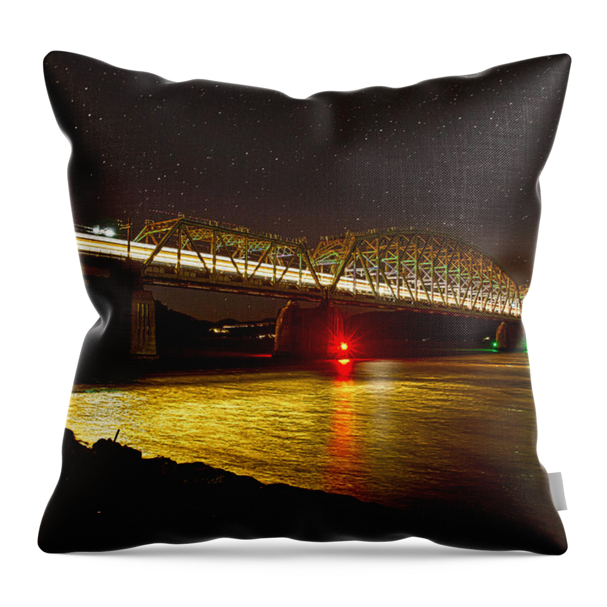 Hawkesbury River Railway Bridge Throw Pillow featuring the photograph Train lights in the night by Miroslava Jurcik