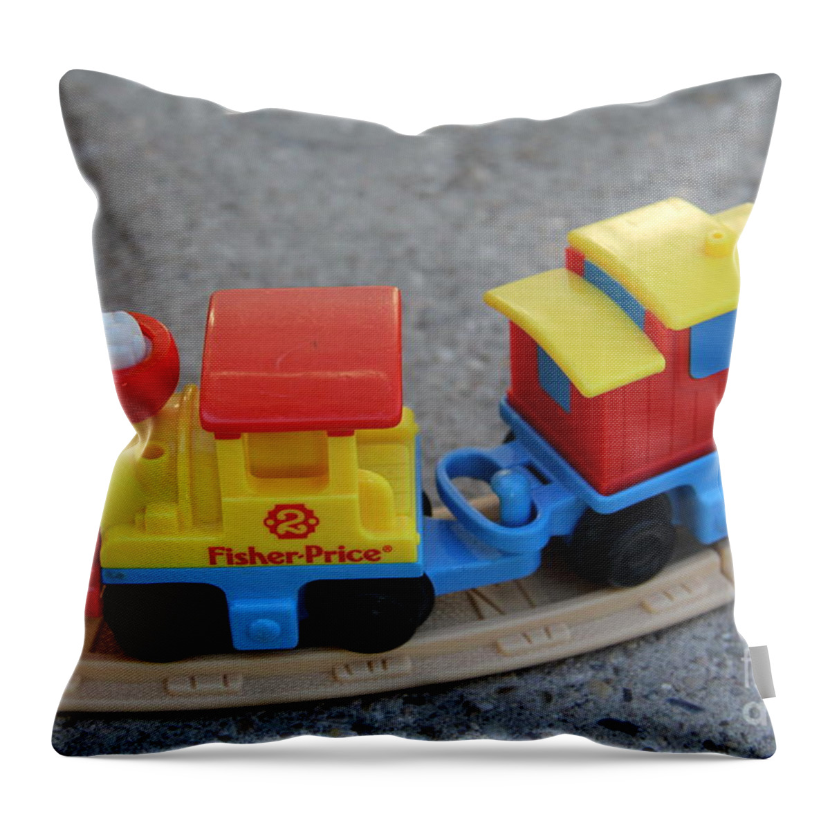 Fisher Price-trains -toys-train Track- Throw Pillow featuring the photograph Trains by Marlous Bleazard