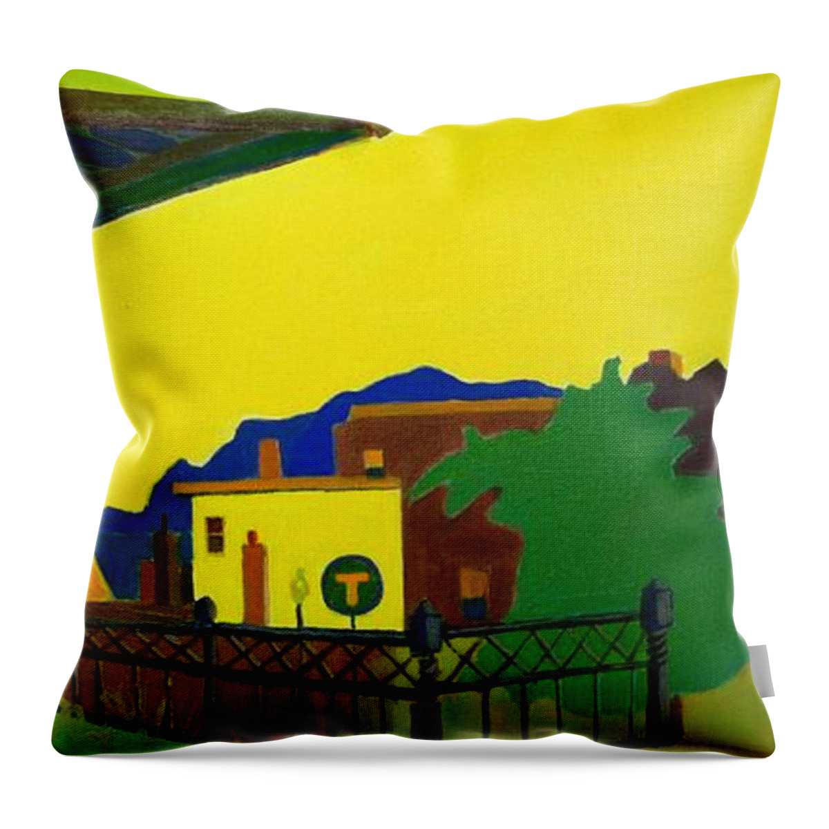 Landscape Throw Pillow featuring the painting Trainstop by Debra Bretton Robinson