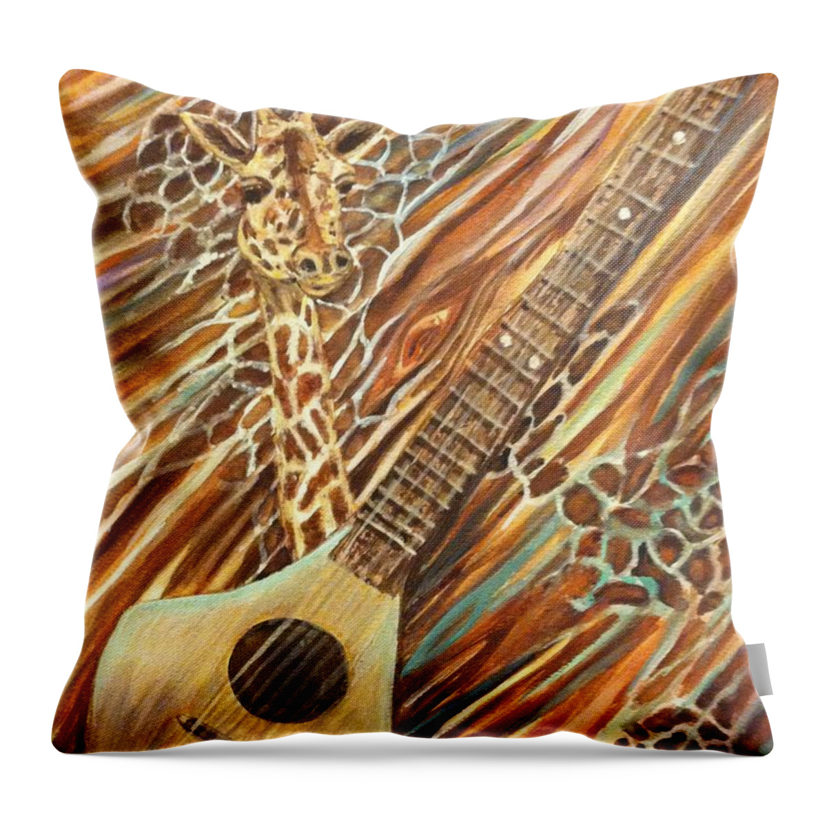 Traveling Guitar Throw Pillow featuring the painting Traveling Giraffe by Linda Markwardt