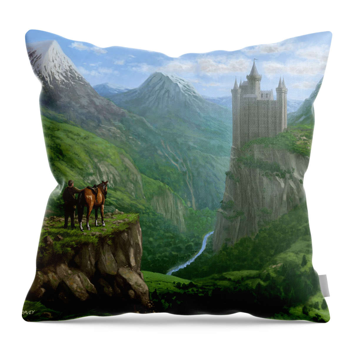 Landscape Throw Pillow featuring the painting Traveller in landscape with distant Castle by Martin Davey