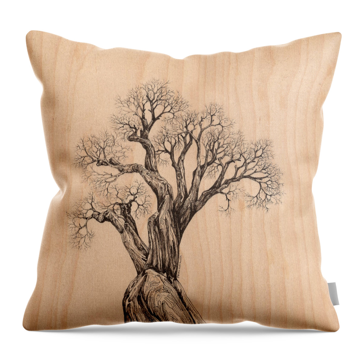 Pen And Ink Throw Pillow featuring the digital art Tree 37 on Wood by Brian Kirchner