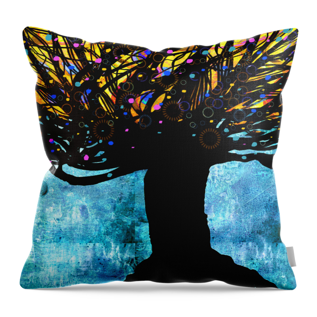 Tree Throw Pillow featuring the digital art Tree of Life Blue and Yellow by Ann Powell