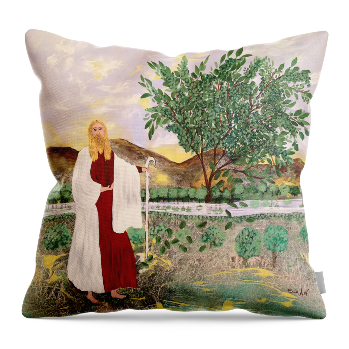 Acrylic Throw Pillow featuring the painting Tree of life- Jesus by Sima Amid Wewetzer