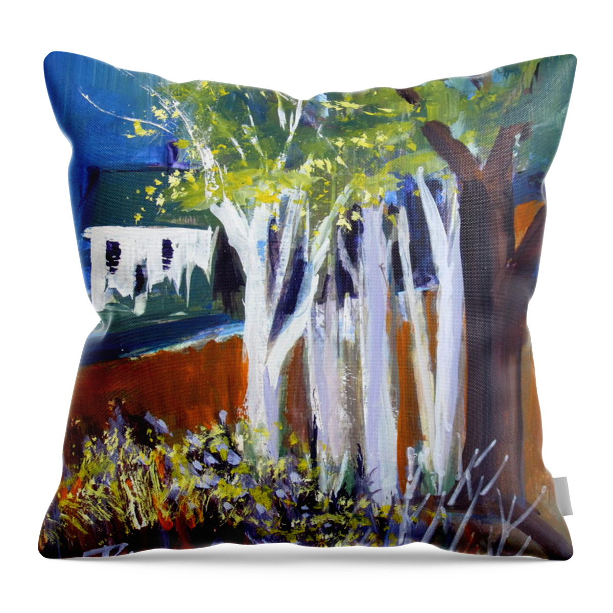 White Farm House Throw Pillow featuring the painting Trees and White Farm House by Betty Pieper