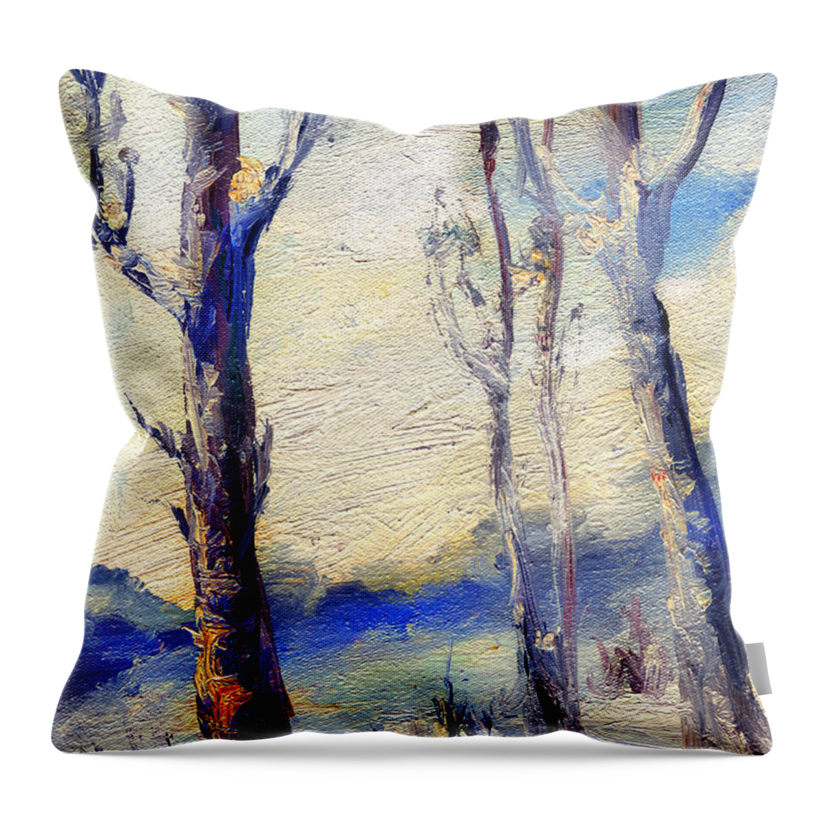 Trees Throw Pillow featuring the painting Trees in winter by Daliana Pacuraru