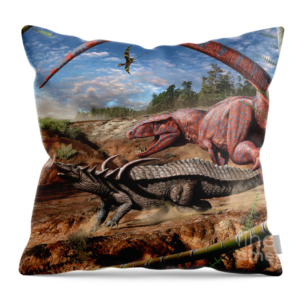 Dinosaur Throw Pillow featuring the digital art Triassic Scene 2 by Julius Csotonyi