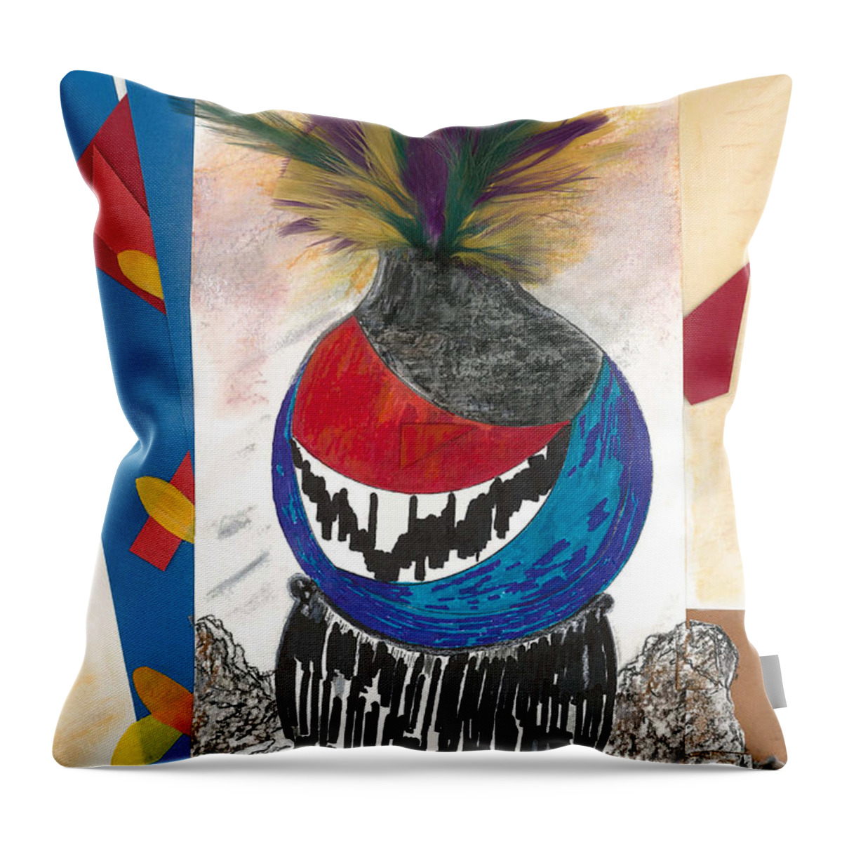 Abstract. Eclectic Throw Pillow featuring the mixed media Tribal Designs by Mary Zimmerman