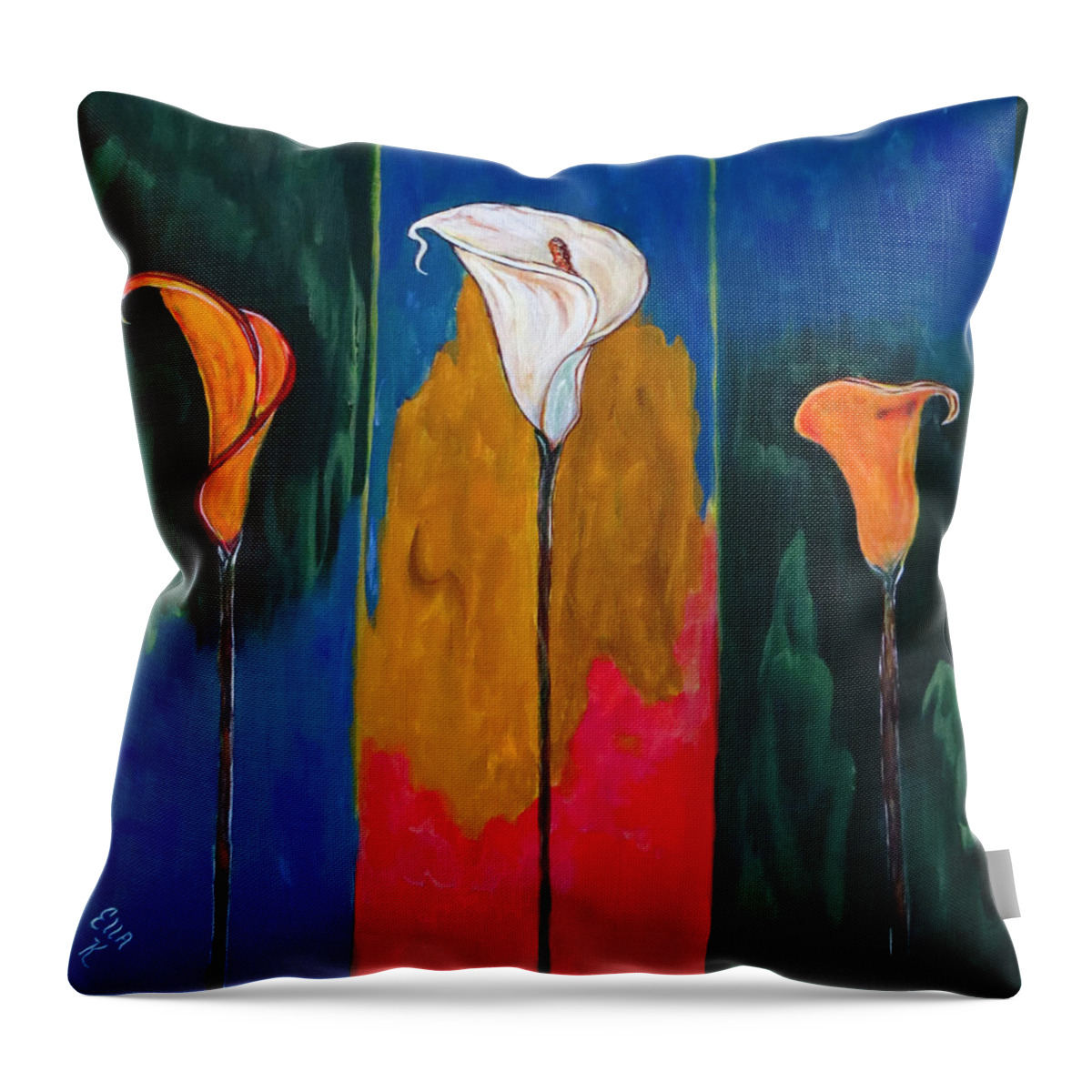 Three Lilies Throw Pillow featuring the painting Triplets - Triptych Painting Original by Ella Kaye Dickey