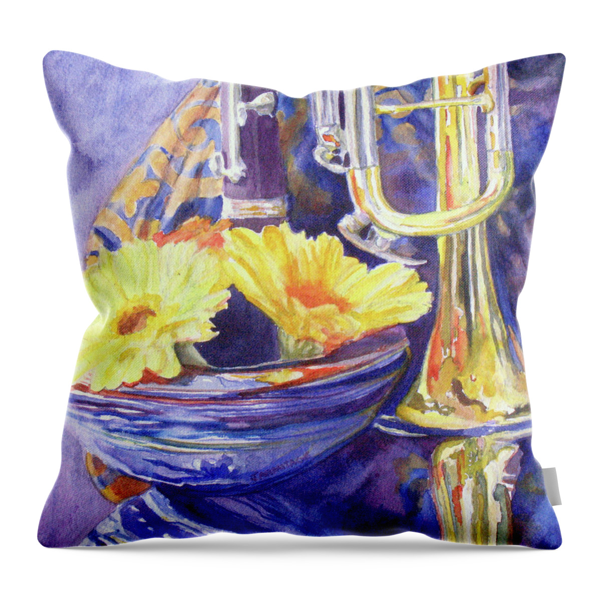 Trumpet Throw Pillow featuring the painting Triumphant Daisies by Jenny Armitage