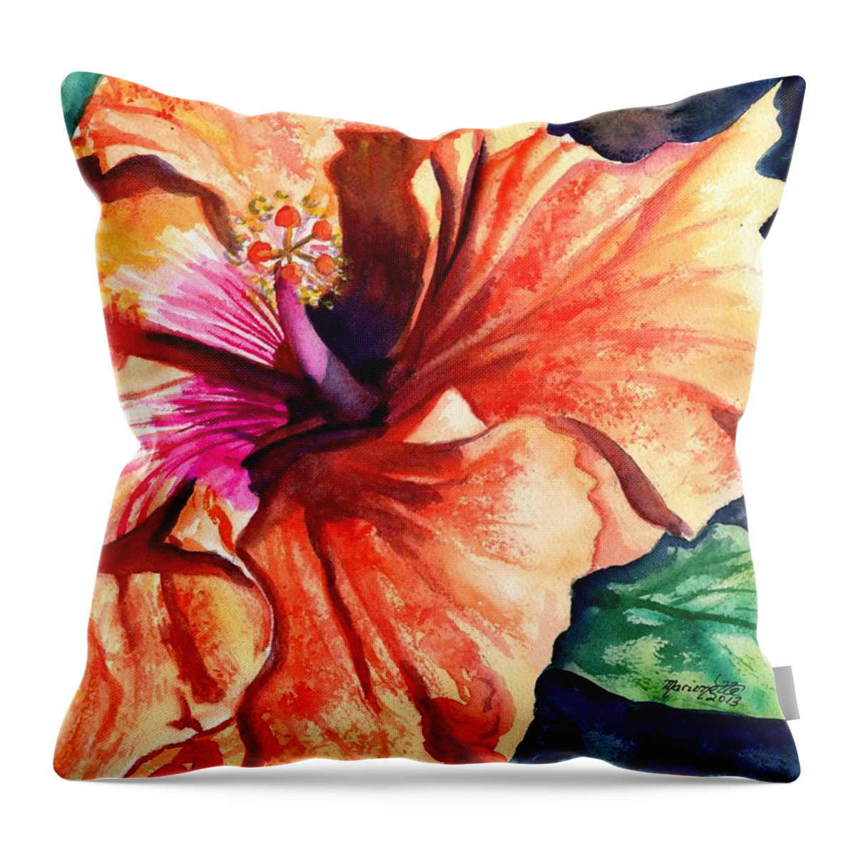 Orange Hibiscus Throw Pillow featuring the painting Tropical Hibiscus by Marionette Taboniar