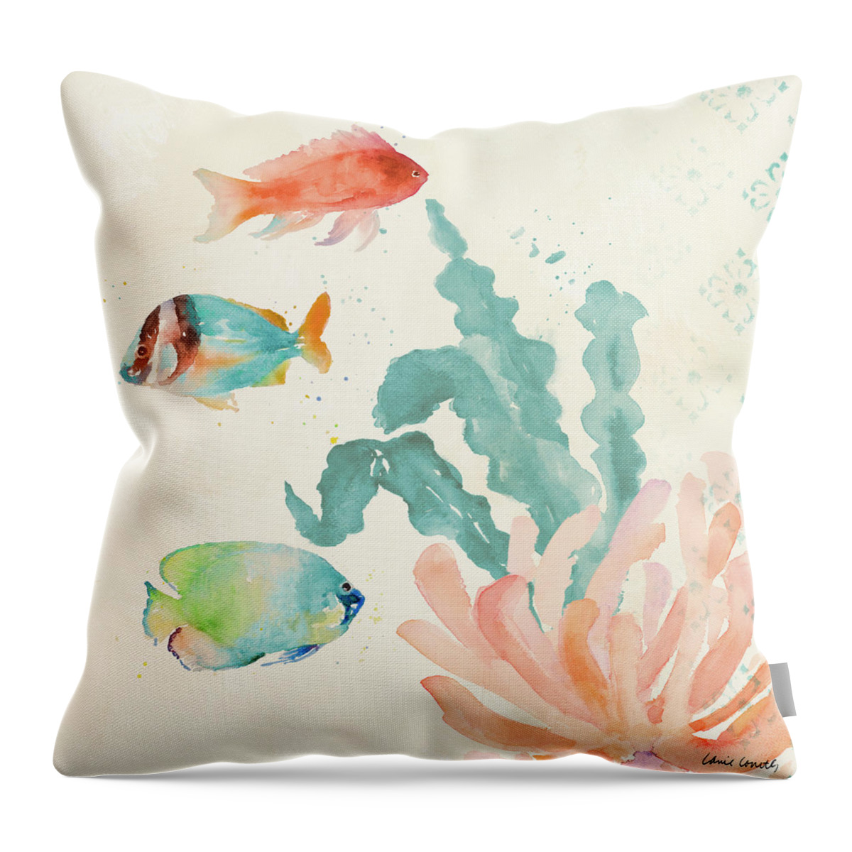 Tropical Throw Pillow featuring the painting Tropical Teal Coral Medley I by Lanie Loreth