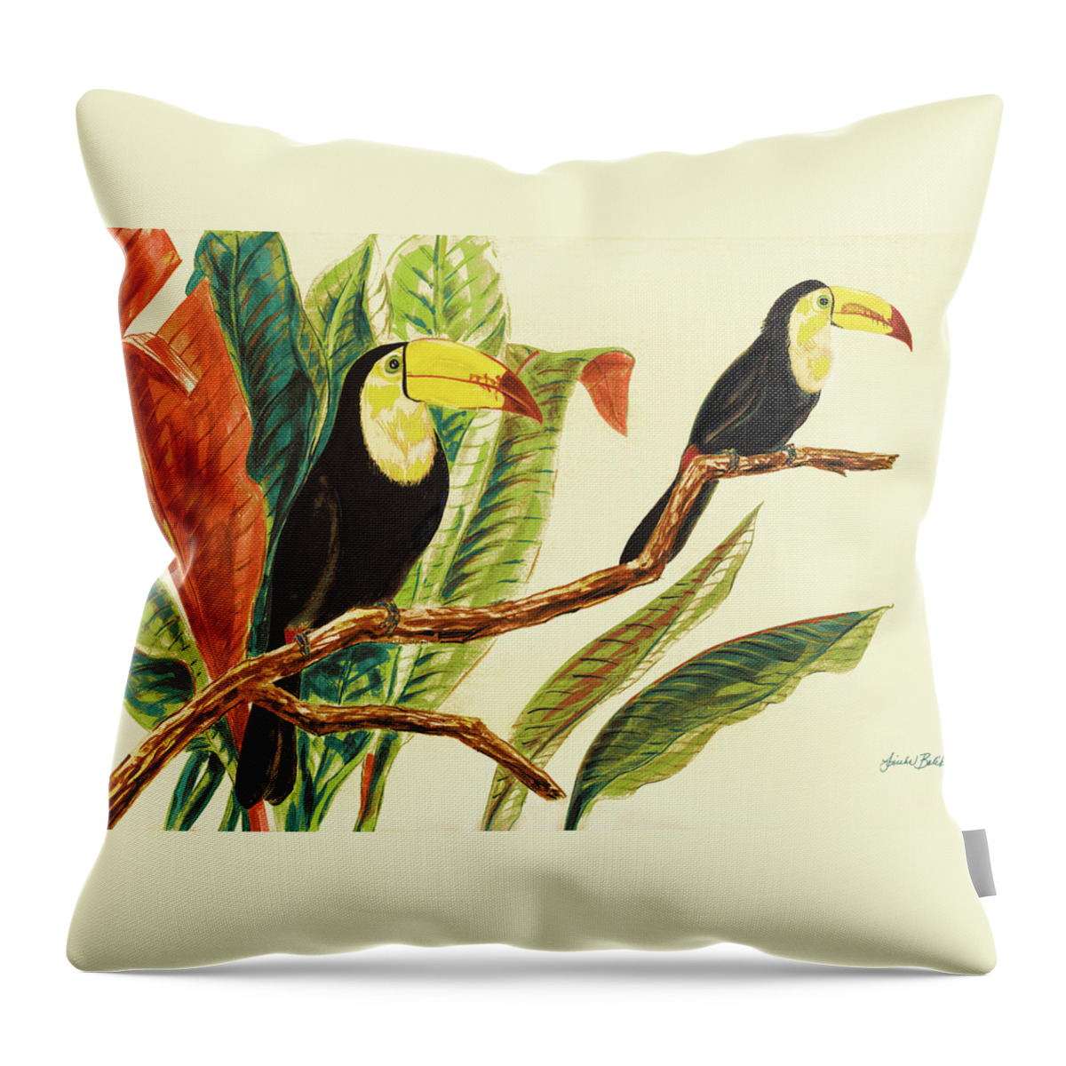 Toucans Throw Pillow featuring the painting Tropical Toucans II by Linda Baliko