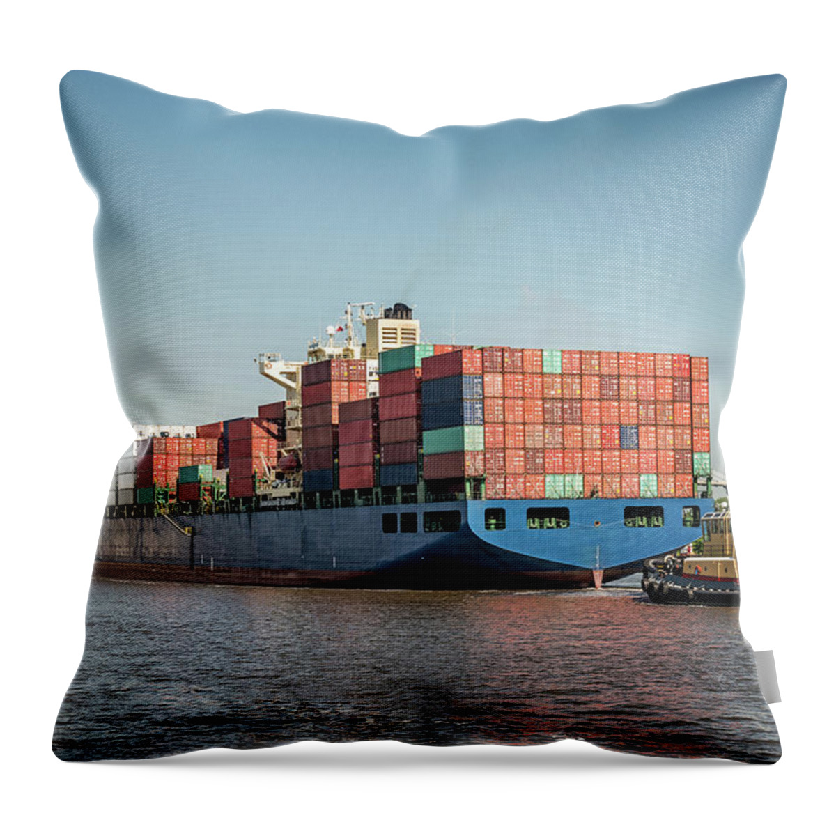 Trading Throw Pillow featuring the photograph Tugboat Escorts Container Ship Into by Wendellandcarolyn