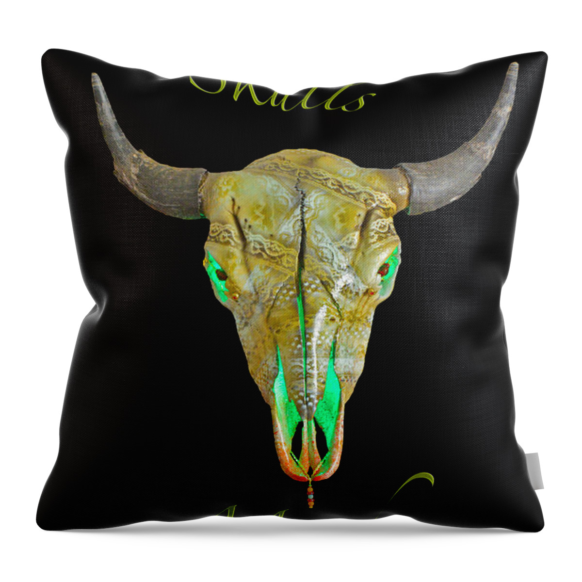 Buffalo Art Throw Pillow featuring the mixed media Turquoise and Gold Illuminating Buffalo Skull by Mayhem Mediums