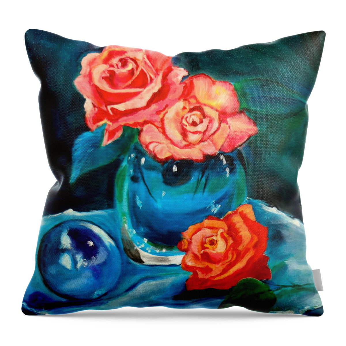 Turquoise Floral Throw Pillow featuring the painting Turquoise Ball by Jenny Lee