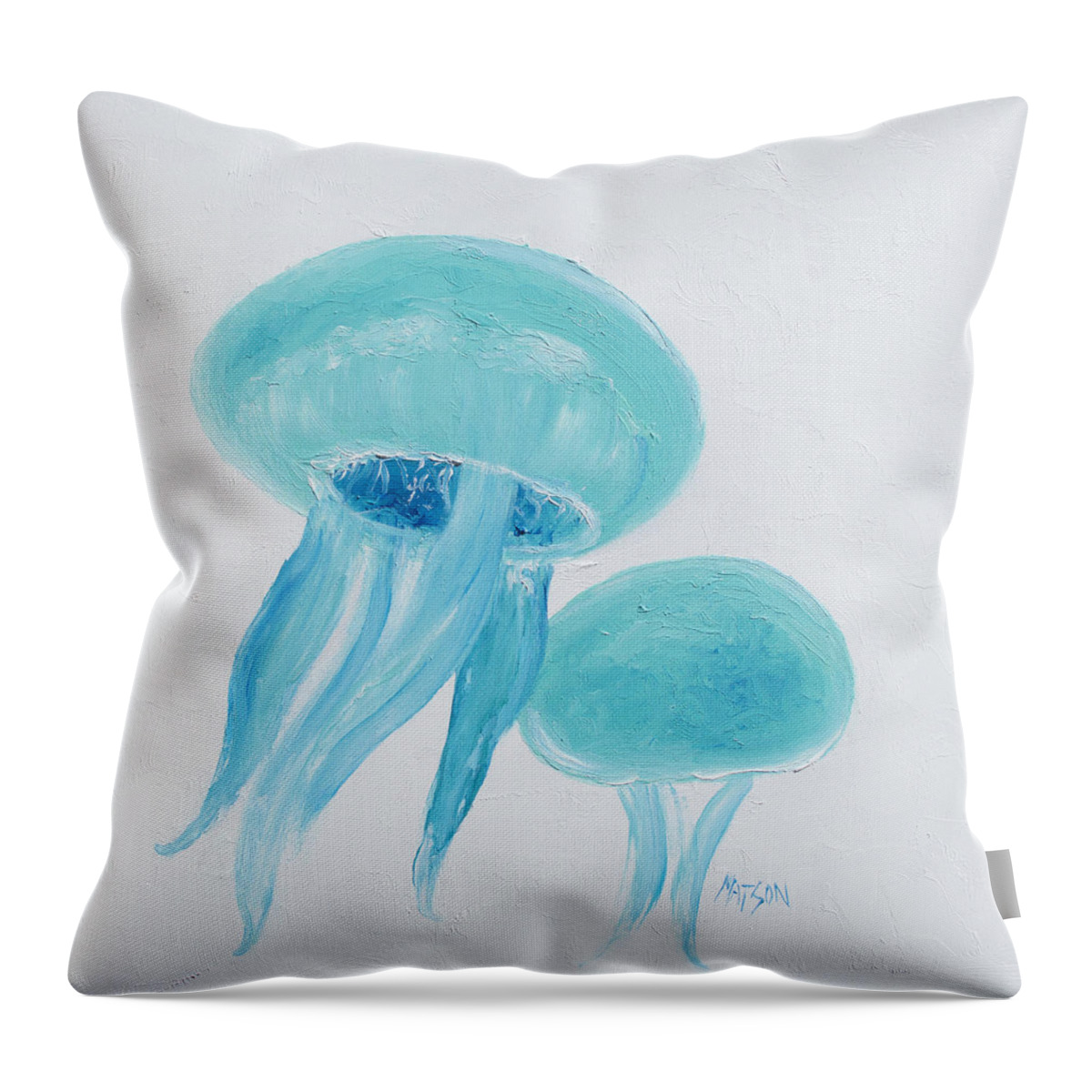 Jellyfish Throw Pillow featuring the painting Turquoise Jellyfish by Jan Matson