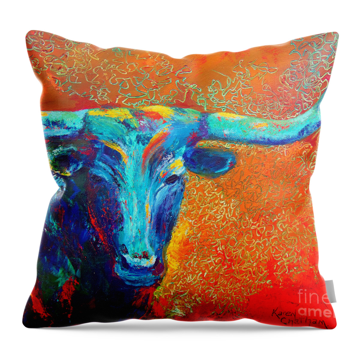 Abstract Longhorn Painting Throw Pillow featuring the painting Turquoise Longhorn by Karen Kennedy Chatham