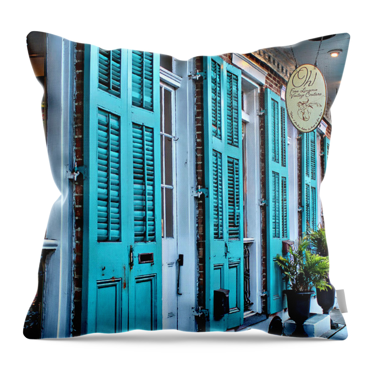 Turquoise Shutters Throw Pillow featuring the photograph Turquoise on Royal by Lynn Jordan