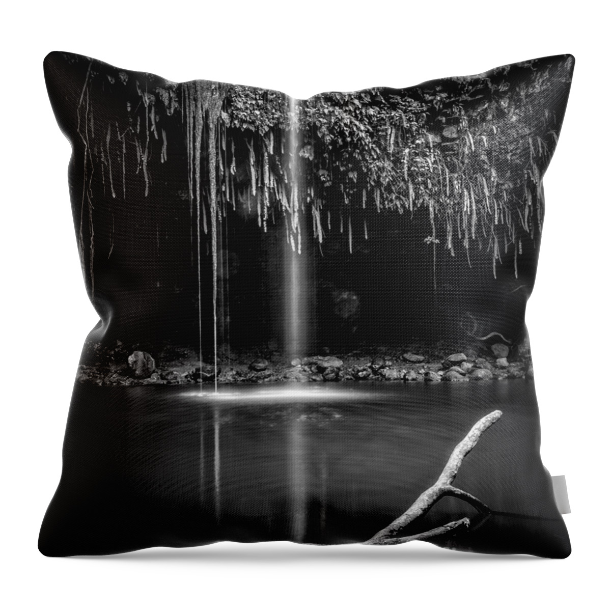 Hawaii Throw Pillow featuring the photograph Twin Falls Hana Highway Maui Hawaii Black and White by Edward Fielding