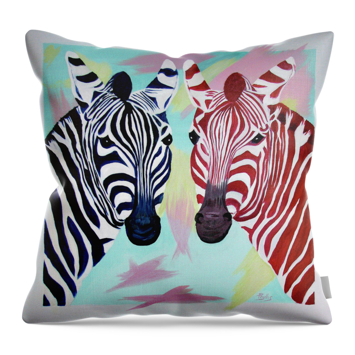 Zebras Throw Pillow featuring the painting Twin zs by Phyllis Kaltenbach