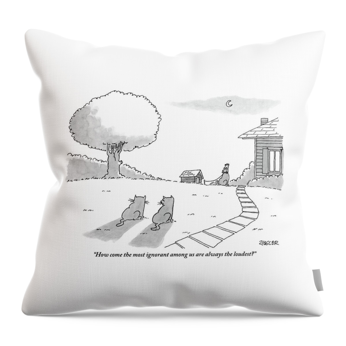 Two Cats Sit On The Front Yard Remarking At A Dog Throw Pillow