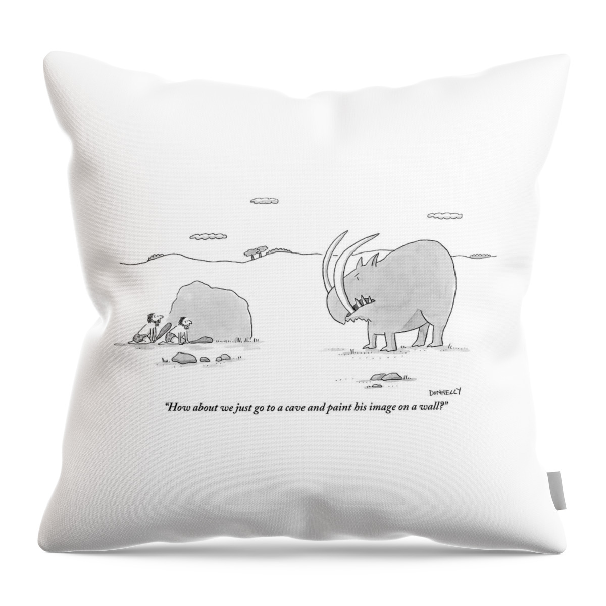 Two Cavemen Out Hunting Hide Behind A Rock Throw Pillow
