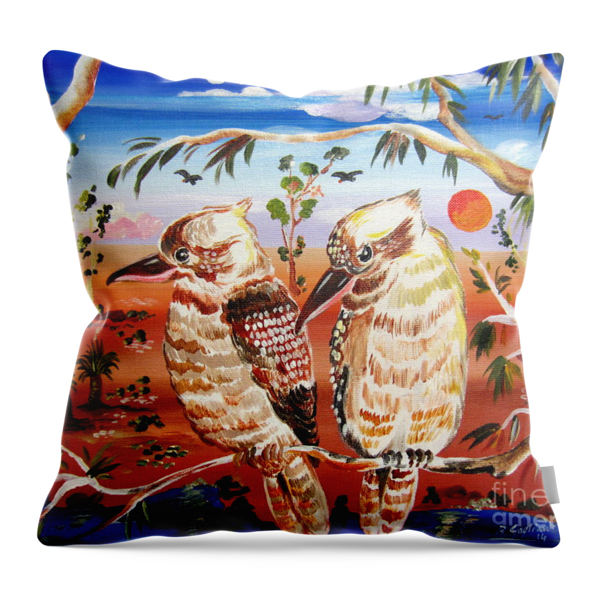 Kookaburras Throw Pillow featuring the painting Two Laughing Kookaburras in the Outback Australia by Roberto Gagliardi