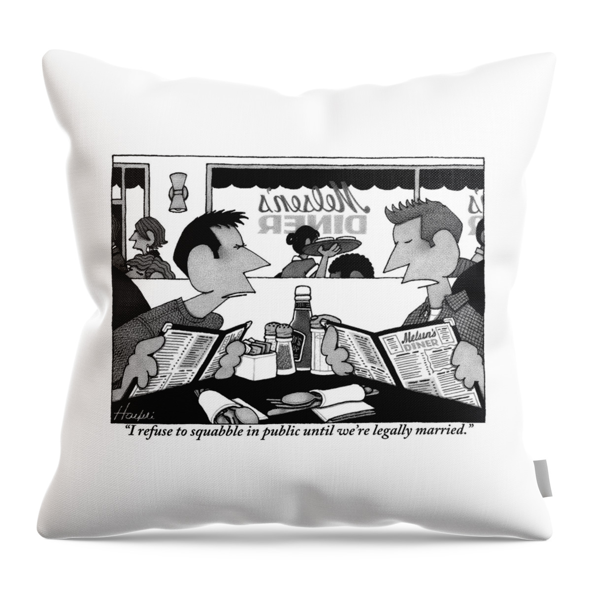 Two Men Are Seen Sitting In A Restaurant Throw Pillow