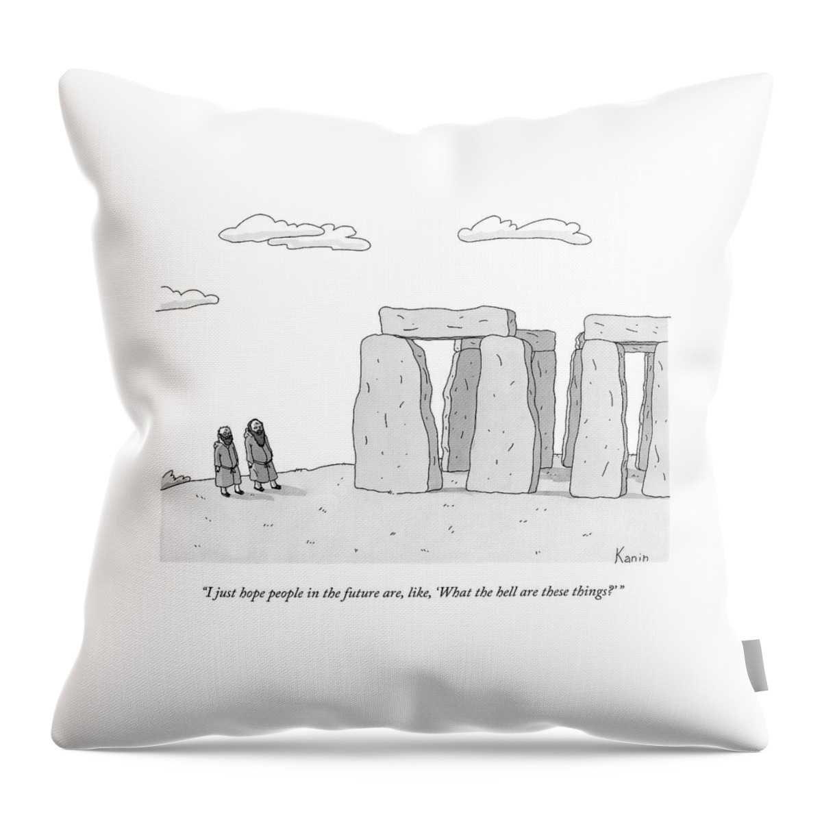 Two Men In Robes Chat Beside Stonehenge Throw Pillow