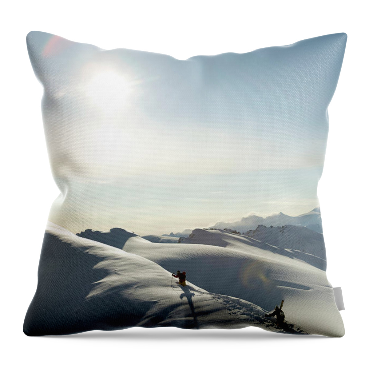 Adventure Throw Pillow featuring the photograph Two Skiers Hikeing In The Deep Powder by Adam Clark