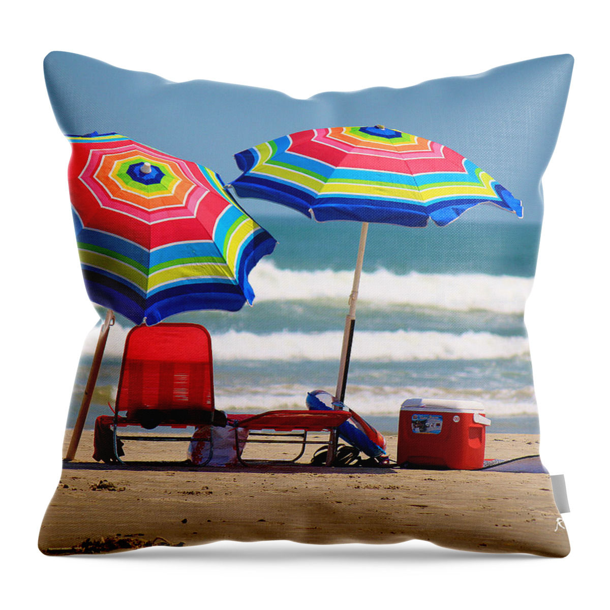Roena King Throw Pillow featuring the photograph Two Umbrellas on the Beach in Texas by Roena King
