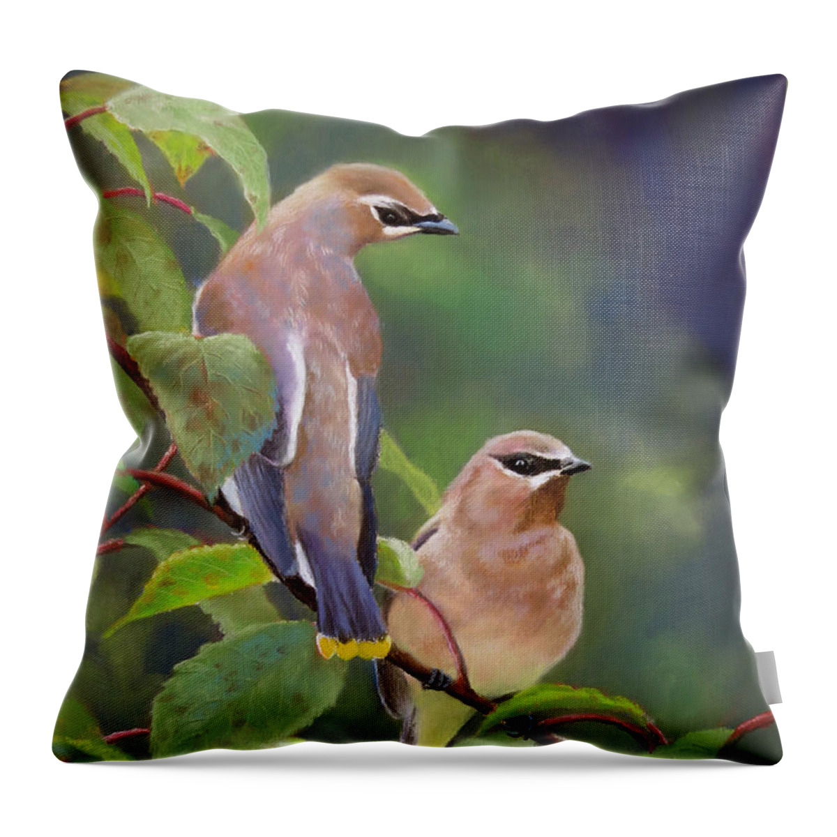 Cedar Waxwing Throw Pillow featuring the pastel Two Waxwings One Berry by Marcus Moller
