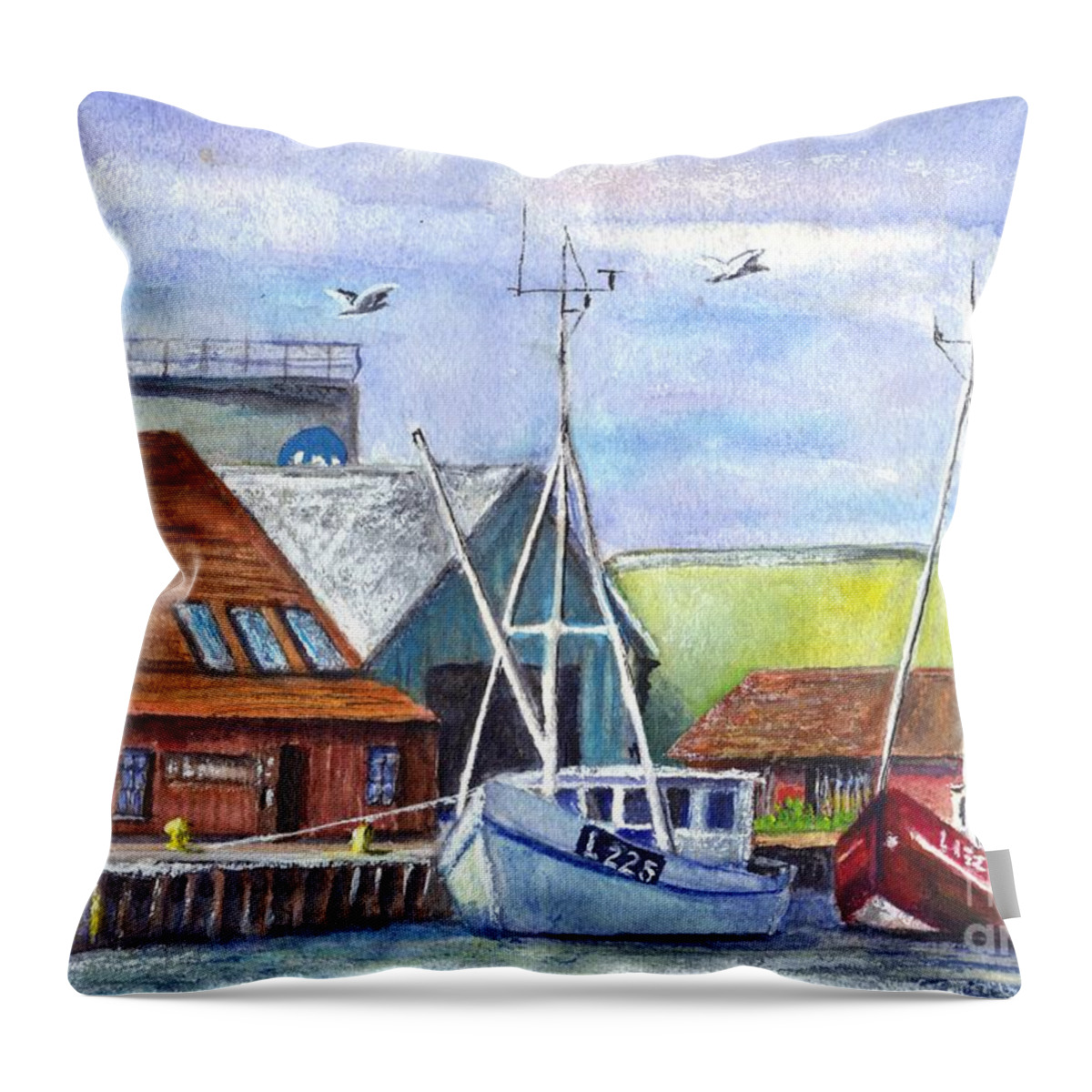 Harbour Throw Pillow featuring the painting Tyboron Harbour in Denmark by Carol Wisniewski