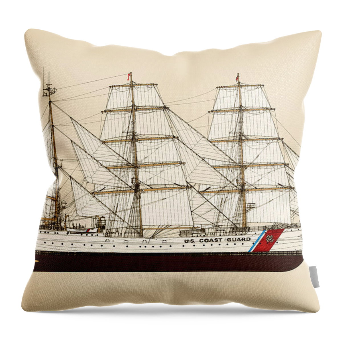 Uscg Throw Pillow featuring the drawing U. S. Coast Guard Cutter Eagle - Color by Jerry McElroy
