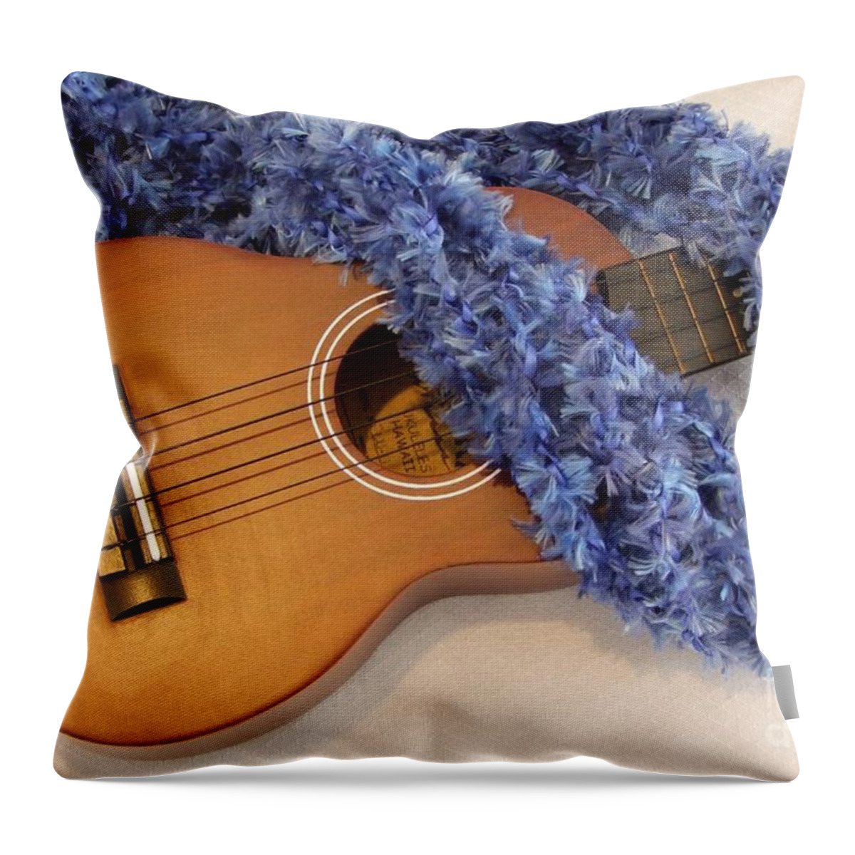 Hawaiian Lei Throw Pillow featuring the photograph Ukulele and Blue Ribbon Lei by Mary Deal