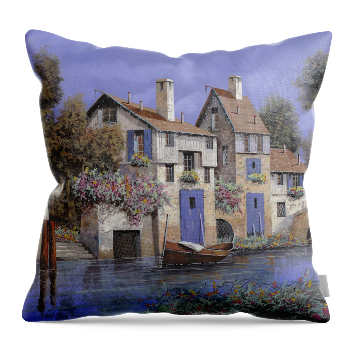 Stream Throw Pillow featuring the painting Un Borgo Tutto Blu by Guido Borelli