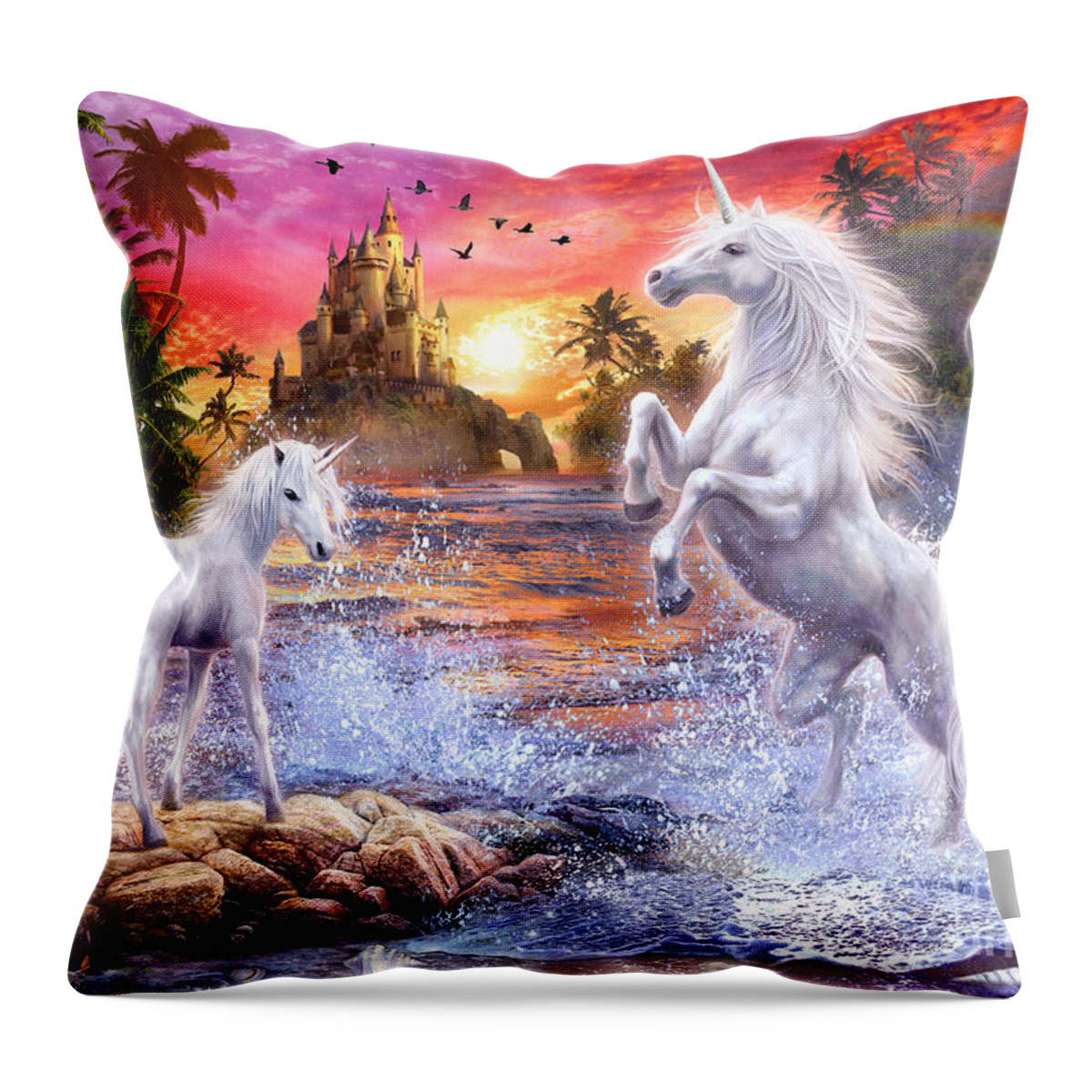 Animals Throw Pillow featuring the digital art Unicorn Waterfall Sunset by MGL Meiklejohn Graphics Licensing