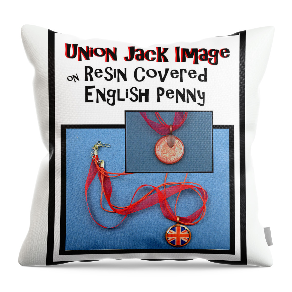 Union Jack Throw Pillow featuring the jewelry Union Jack Pendant on English Copper Penny by Carla Parris
