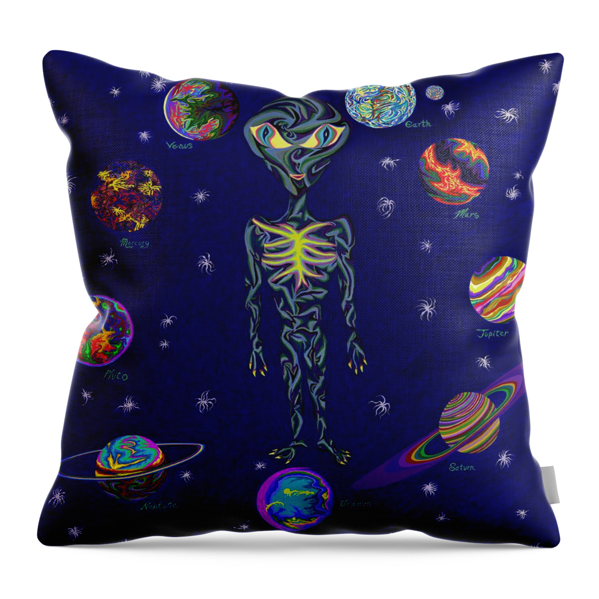Zeta Reticulan Throw Pillow featuring the painting United Planets of The Zeta Reticulans by Robert SORENSEN