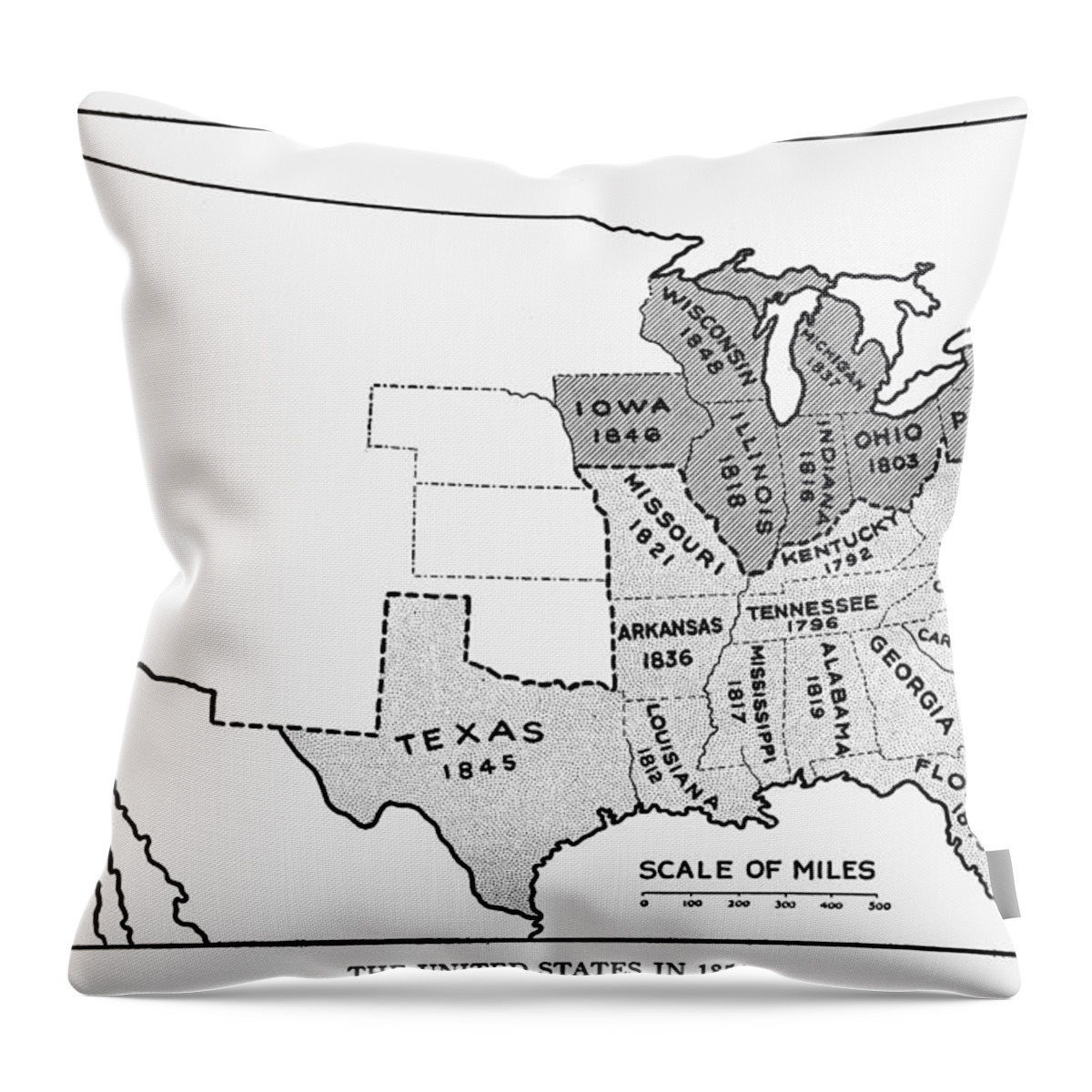 1854 Throw Pillow featuring the painting United States Map, 1854 by Granger