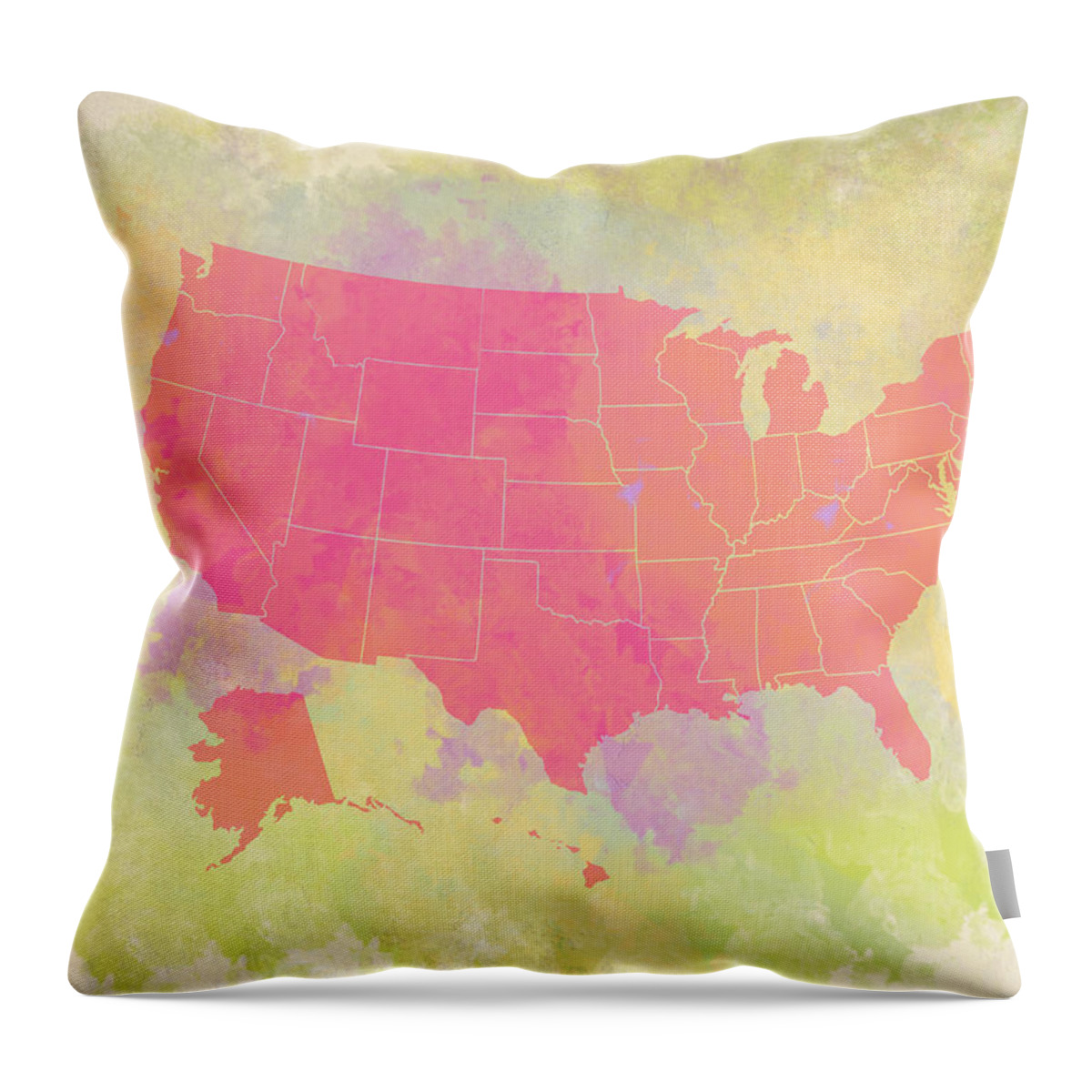 Feature Art Throw Pillow featuring the digital art United States Map - red and watercolor by Paulette B Wright