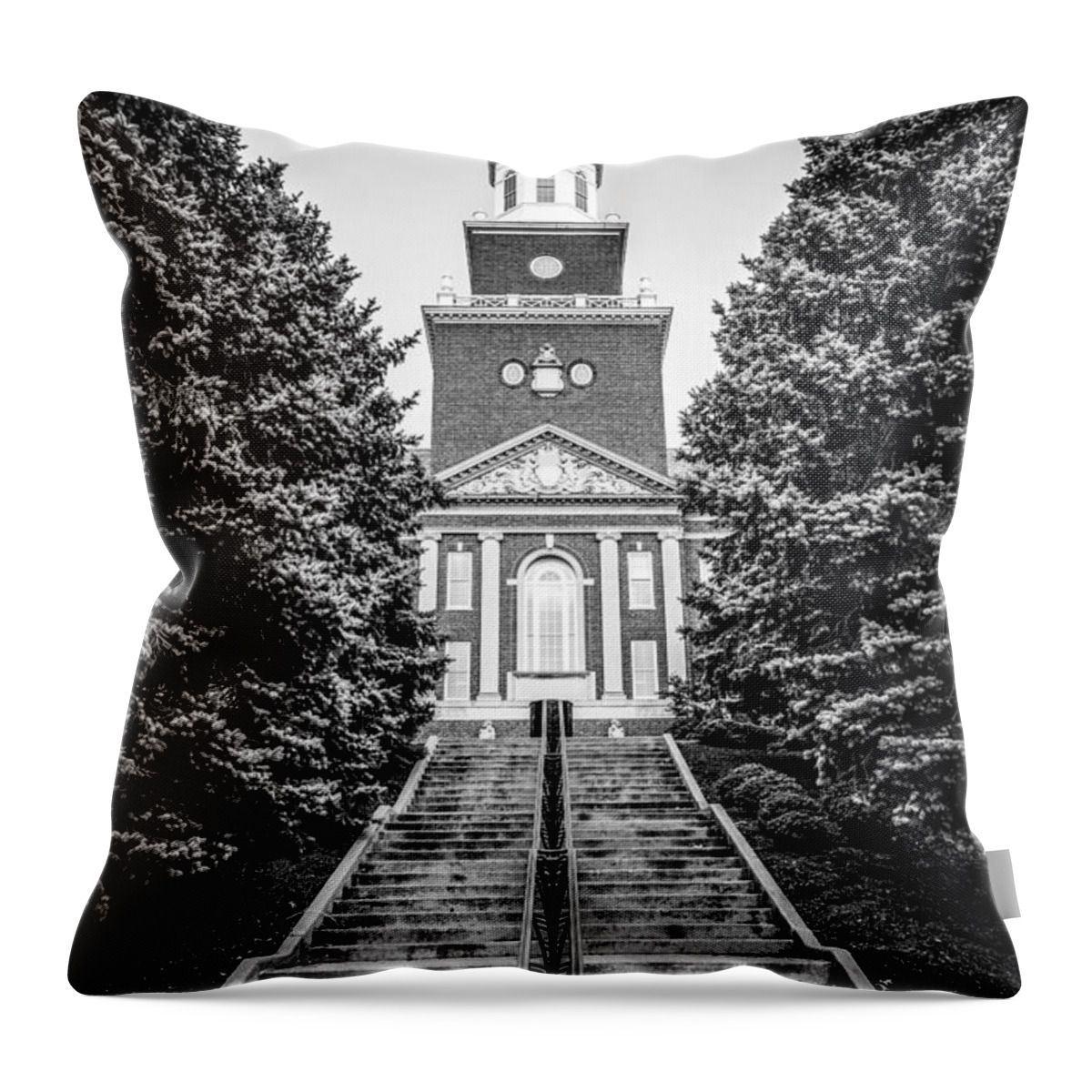 America Throw Pillow featuring the photograph University of Cincinnati McMicken Hall Black and White Picture by Paul Velgos