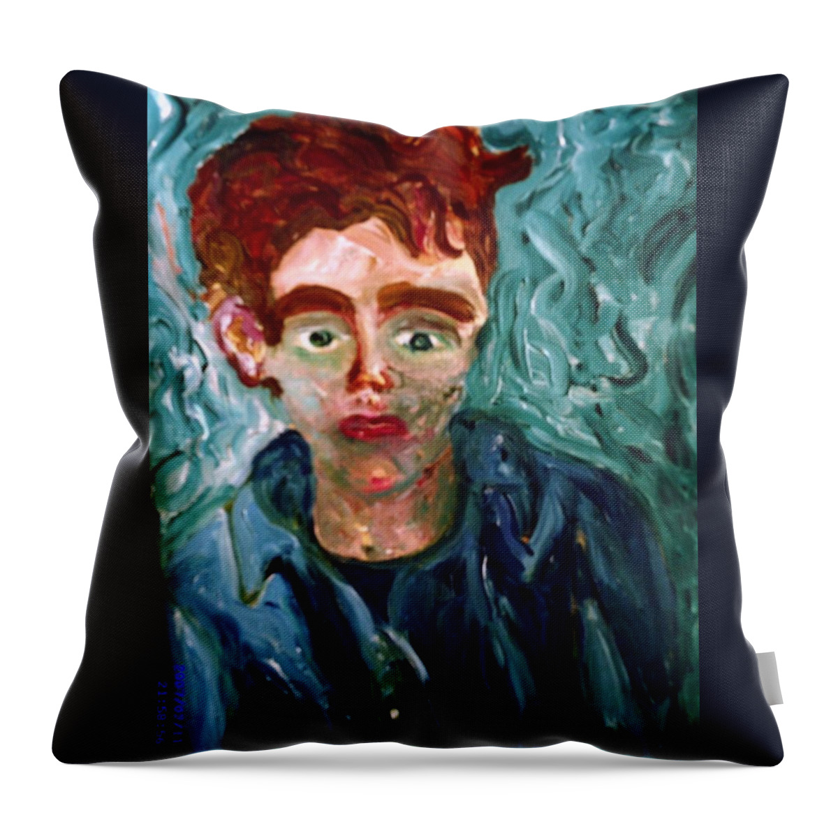 Green Throw Pillow featuring the painting Untitled Portrait with a Green Background by Shea Holliman