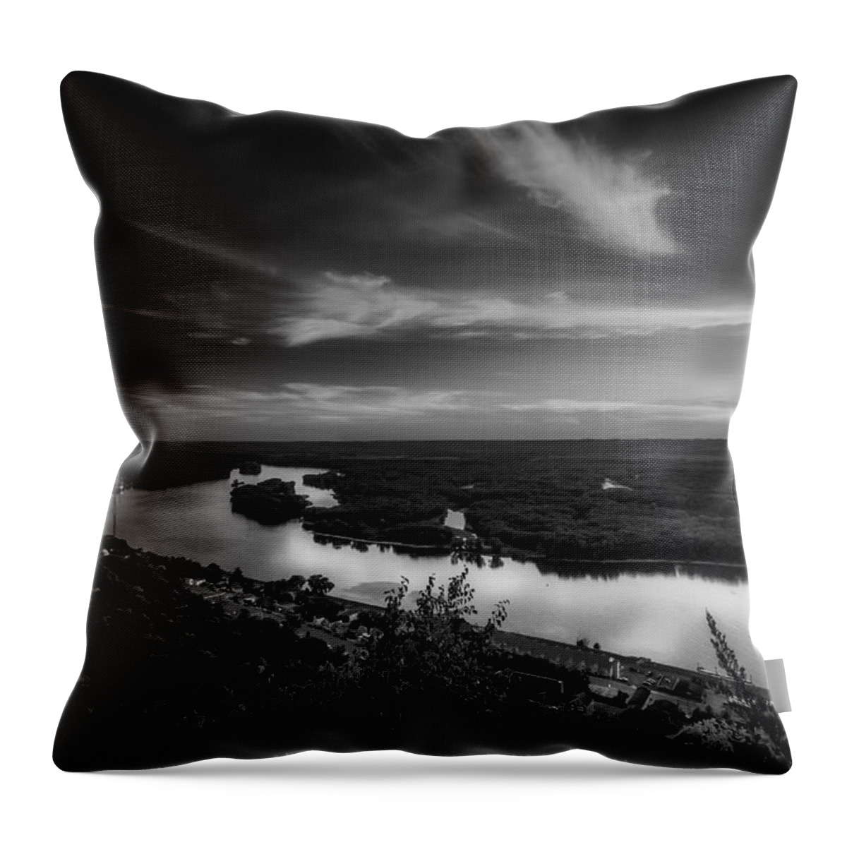 Minnesota Wisconsin Alma Power Plant Black White Grey Gray Sky Clouds Trees Landscape Nature Natural Island Water River Stream Creek Lake Ocean Leaves Leaf City Town Village Train Contrast Art Artwork Canvas Wall Hang Beauty Peaceful Serenity Calm Zen Throw Pillow featuring the photograph Upper Mississippi River by Tom Gort