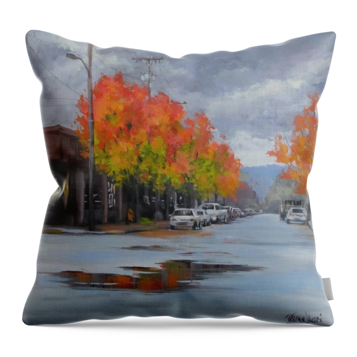 Autumn Throw Pillow featuring the painting Urban Autumn by Karen Ilari