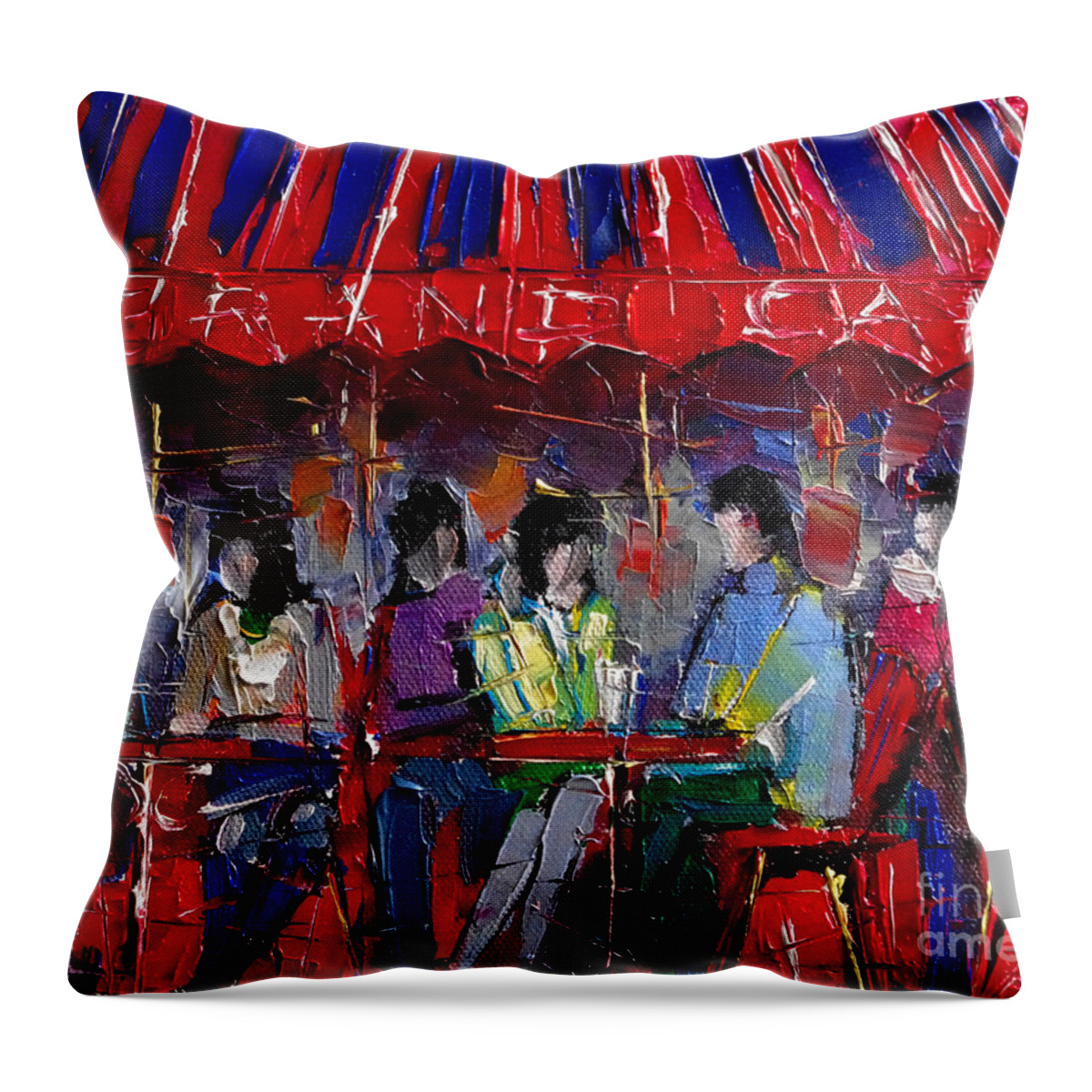 Grand Cafe Throw Pillow featuring the painting Urban Story - Grand Cafe by Mona Edulesco