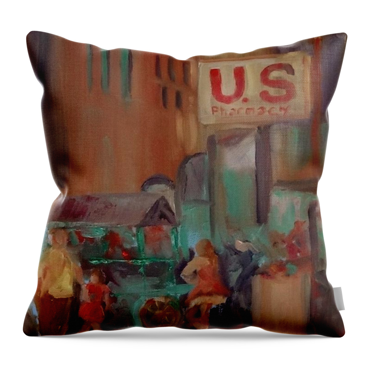 Mexico Street Scene Throw Pillow featuring the painting US Pharmacy by Carol Berning