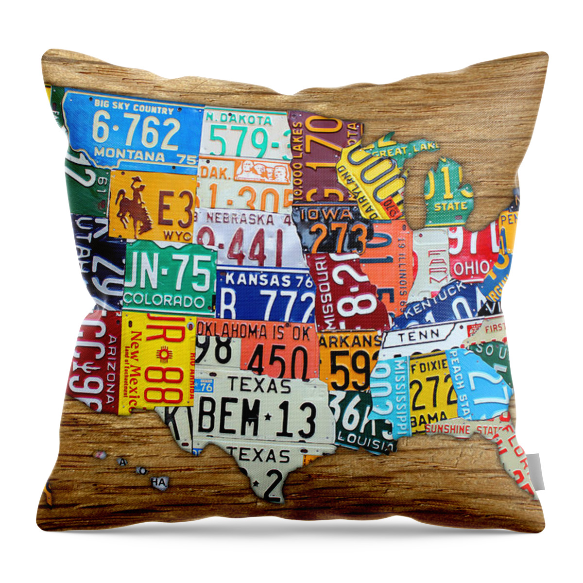 License Plate Map Throw Pillow featuring the mixed media USA License Plate Map Car Number Tag Art on Light Brown Stained Board by Design Turnpike