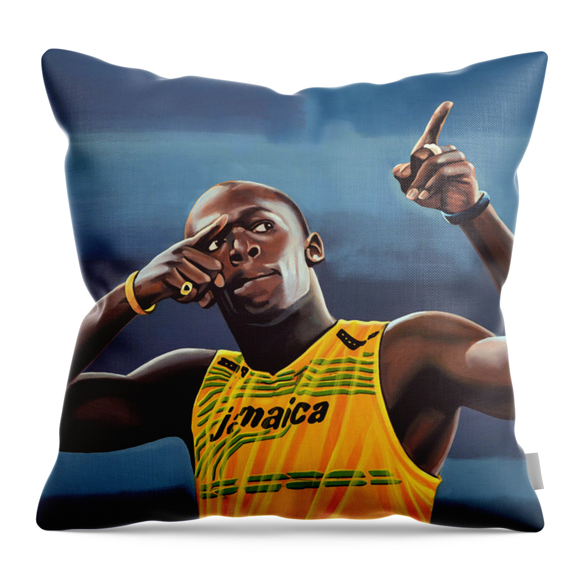 Usain Bolt Throw Pillow featuring the painting Usain Bolt Painting by Paul Meijering